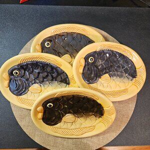 Vintage ceramic small fish plates and creamer - whimsical design